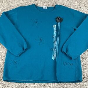 Kunkys Sweatshirt Womens Medium Hand Painted Art To Wear Blue Ruffle Crew F522